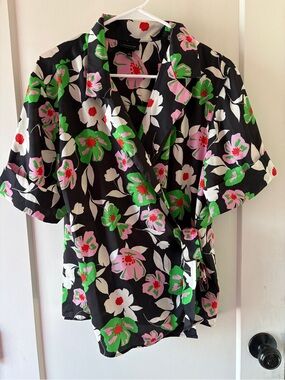 Who What Wear Black Floral Wrap Blouse with Pink & Green Accents